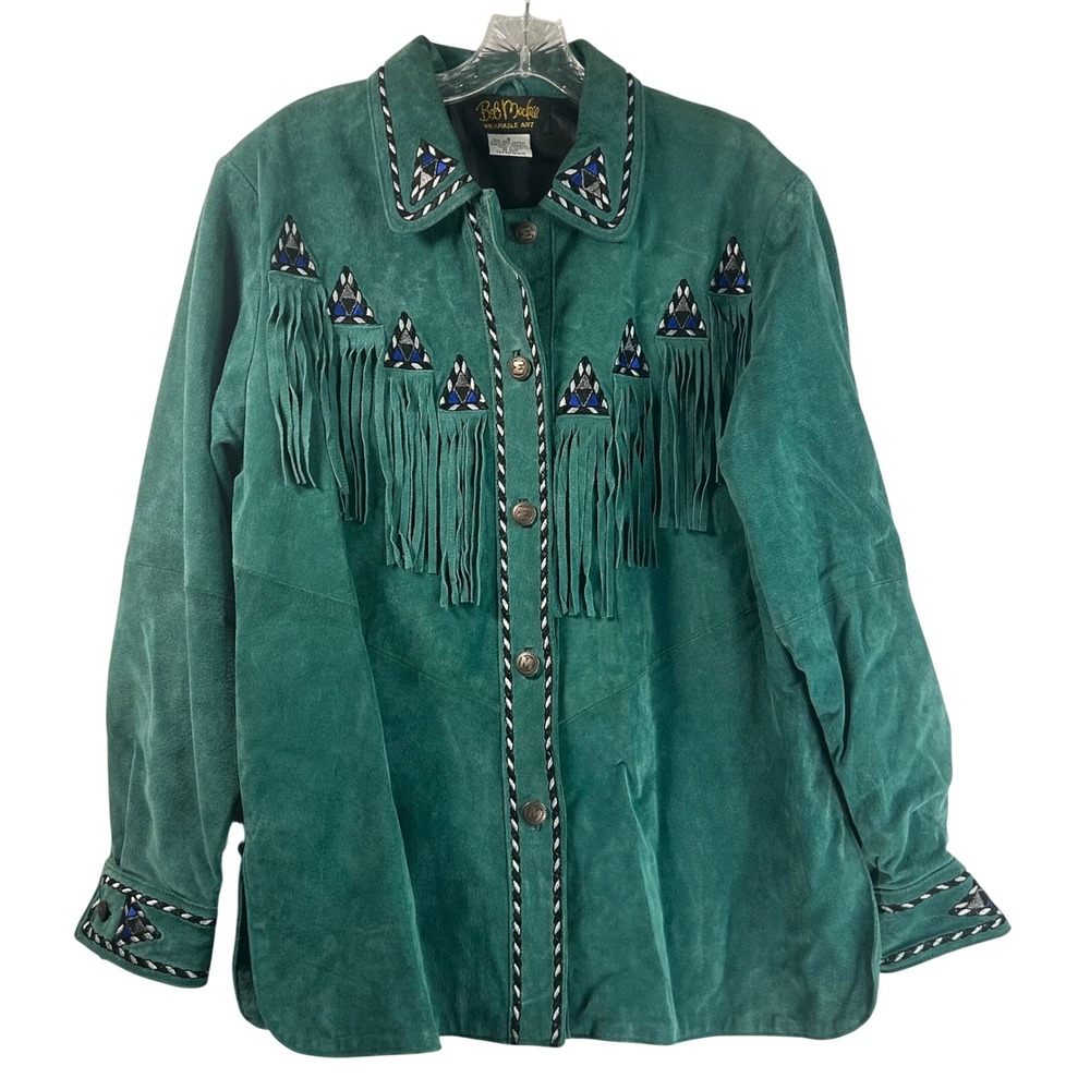 Bob Mackie Wearable Art Teal Green Suede Fringe Western Jacket Embroidery Small